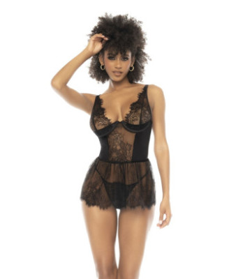 Nuisette noir Raven, en dentelle et résille, avec armatures, bretelles réglables, laçage dans le dos 